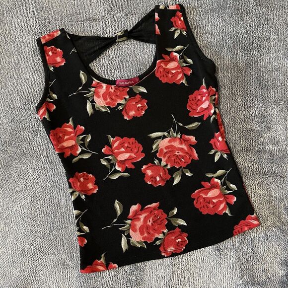 Sahara Cropped Tank Womens Black With Red Roses Stretch Size 7 Mexican Import - Picture 1 of 3